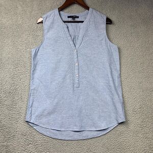 Harve Benard Blouse Womens L Blue Embroidered Stars Linen Blend V Neck